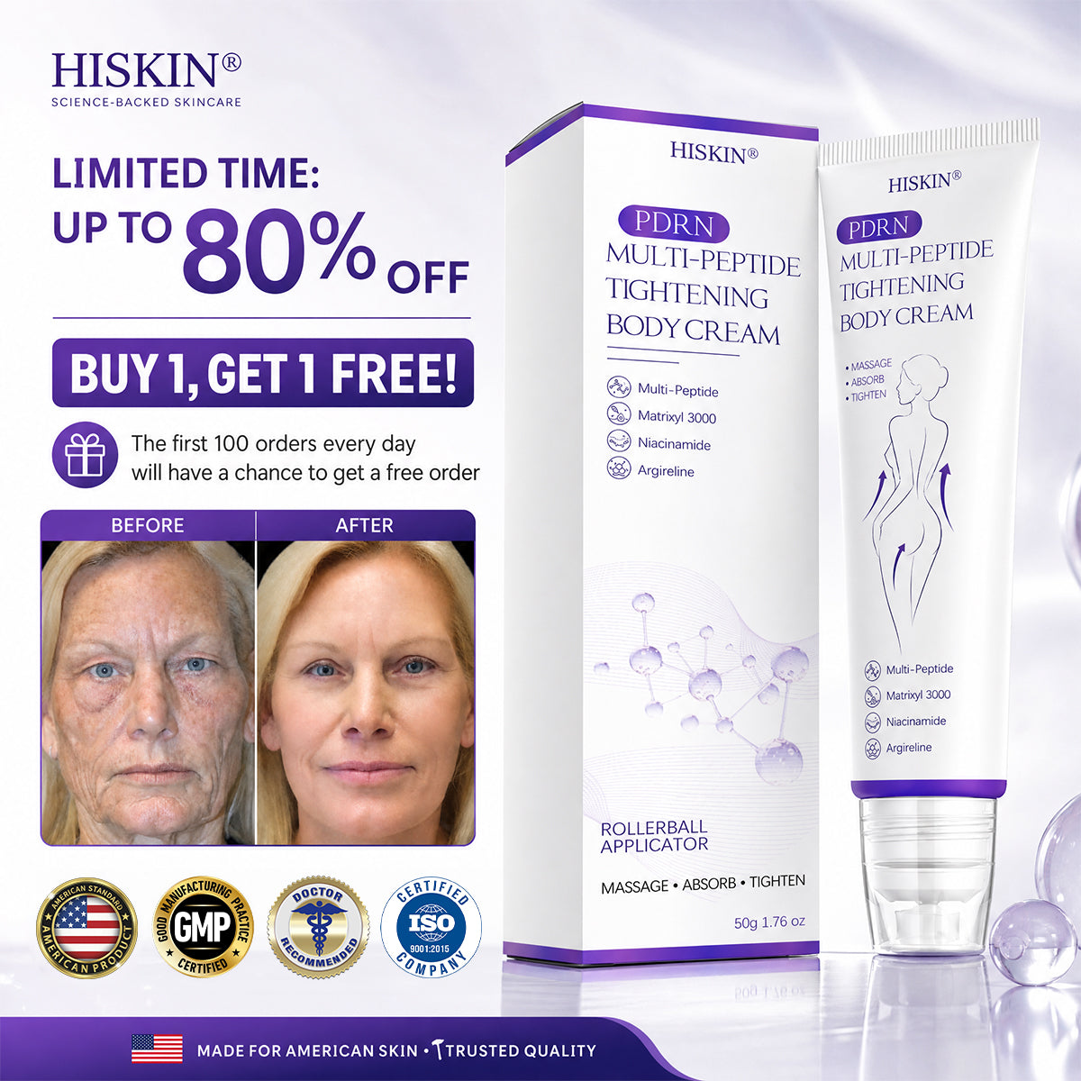 HISKIN® Official: Complete Your Order, Receive It Within 7 Days, Create Your Personalized Skin Recovery Plan — PDRN Multi-Peptide Massaging Body Roller Cream